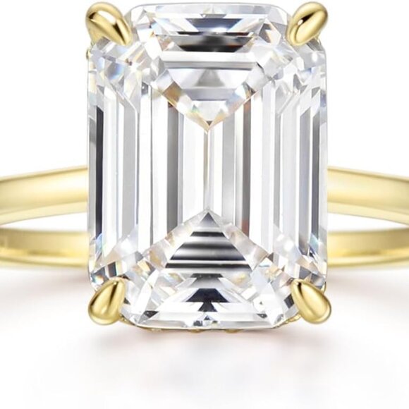 Sterling Silver Engagement Ring 4ct Emerald Cut Cubic Zirconia Gold Plated - Picture 1 of 6